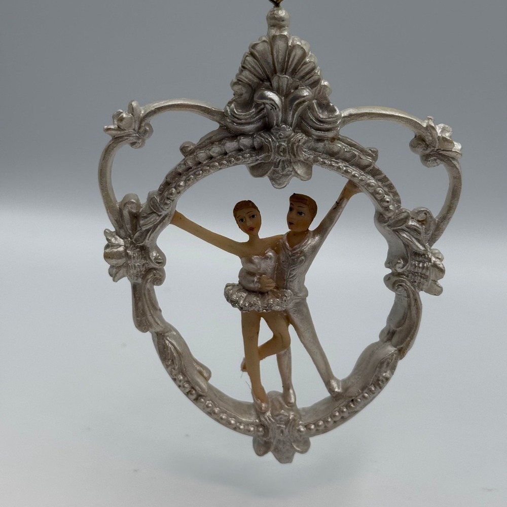 Vintage Style Ballet Dancers Christmas Ornament Silver Tone Ornate Ballerina